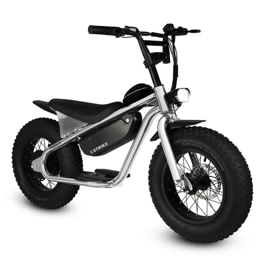Chrome eBike Strike Big Boy electric bicycle side view with large tires and sleek metallic frame
