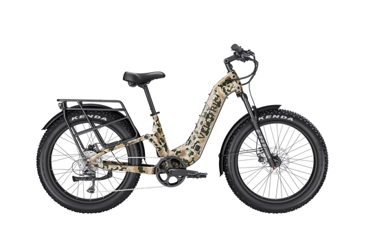 Velotric Nomad 2X eBike in multi-terrain camo color, step-thru frame, displayed on a white background