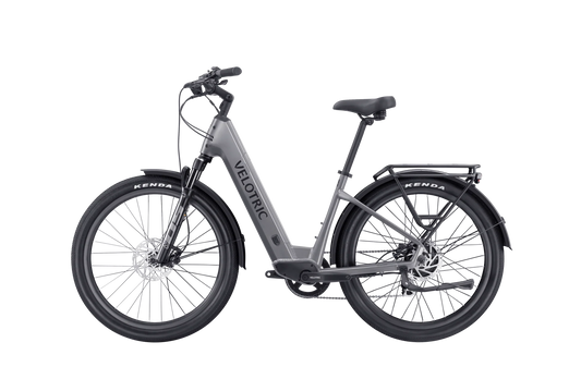 Velotric Discover 2 electric bike in Stone Gray, side view, against a plain background