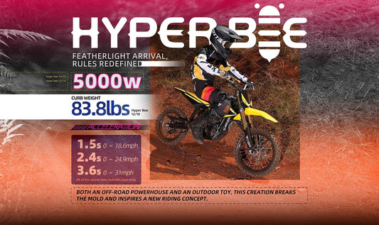 eMOTO Surron Hyper Bee Electric Bike, lightweight off-road model with 5kW motor, side view, black and yellow design