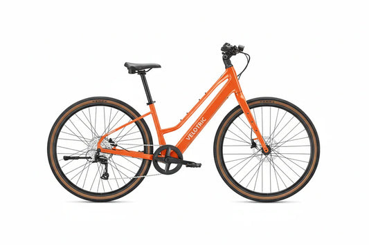 A Velotric Tempo Mid Step eBike in Sunset Tangerine color, side view, displayed against a plain background.