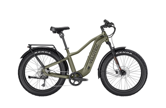 Olive green Velotric Nomad 2 eBike, high step frame, large size, side view on white background