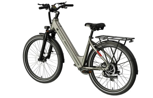 White MOKWHEEL Asphalt ST 500W step-thru urban electric beach cruiser eBike with 27.5x2.4 tires, side view on plain background.