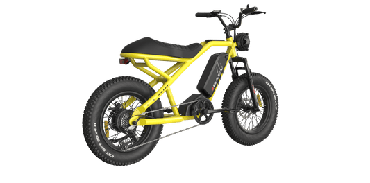 Side view of the eMOTO RAEV Bullet V2 Electric e-Moto Style eBike-Moto 500W electric pit bike, showcasing its sleek black frame, thick tires, and minimalist design against a plain background.