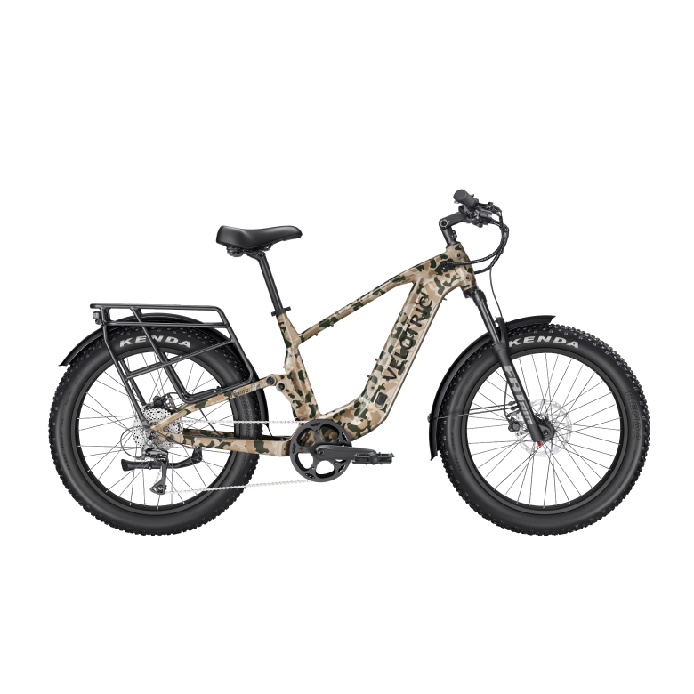 Velotric Nomad 2X High Step eBike in multi-terrain camo color, shown from the side on a white background.