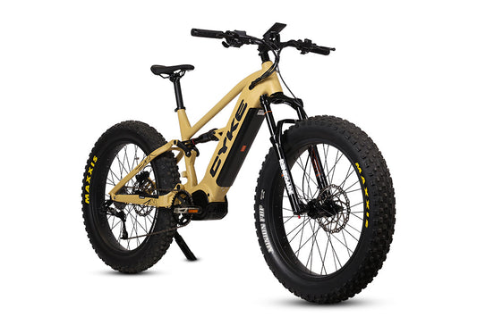 Desert yellow eBike Cyke Falcon X bicycle, side view, against a plain background