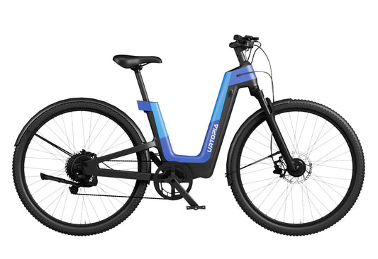 Urtopia Fusion GT eBike in Deep Sea Blue color, shown in its box with packaging, product image labeled "In Box Blue 1"