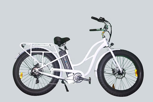 White step-thru eBike Driven HD Rocket electric bicycle, side view, on a plain background