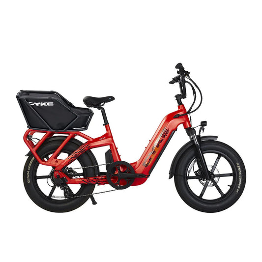 A black CYKE Collie Cargo electric cargo eBike with 48v 750w motor and mini fat tires, shown from the side with a sturdy rear cargo rack.