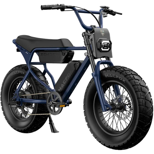 Electric bike Macfox X7L in dual navy blue color, side view, isolated on white background