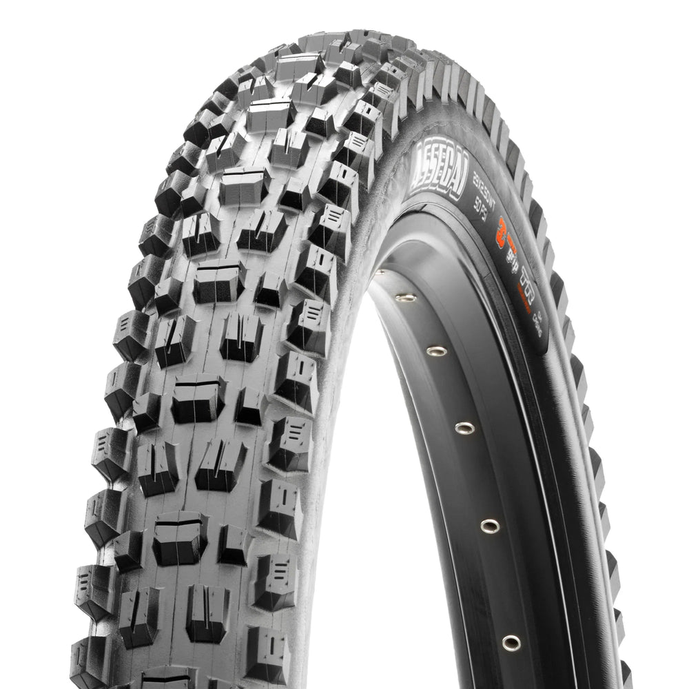 Maxxis Assegai 29x2.50 e-bike tire, side view showing tread pattern