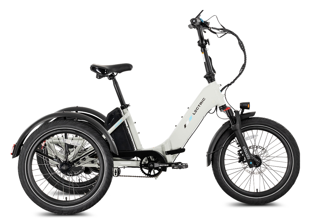 Lectric XP Trike 2 electric tricycle in Stratus White, side view, studio background