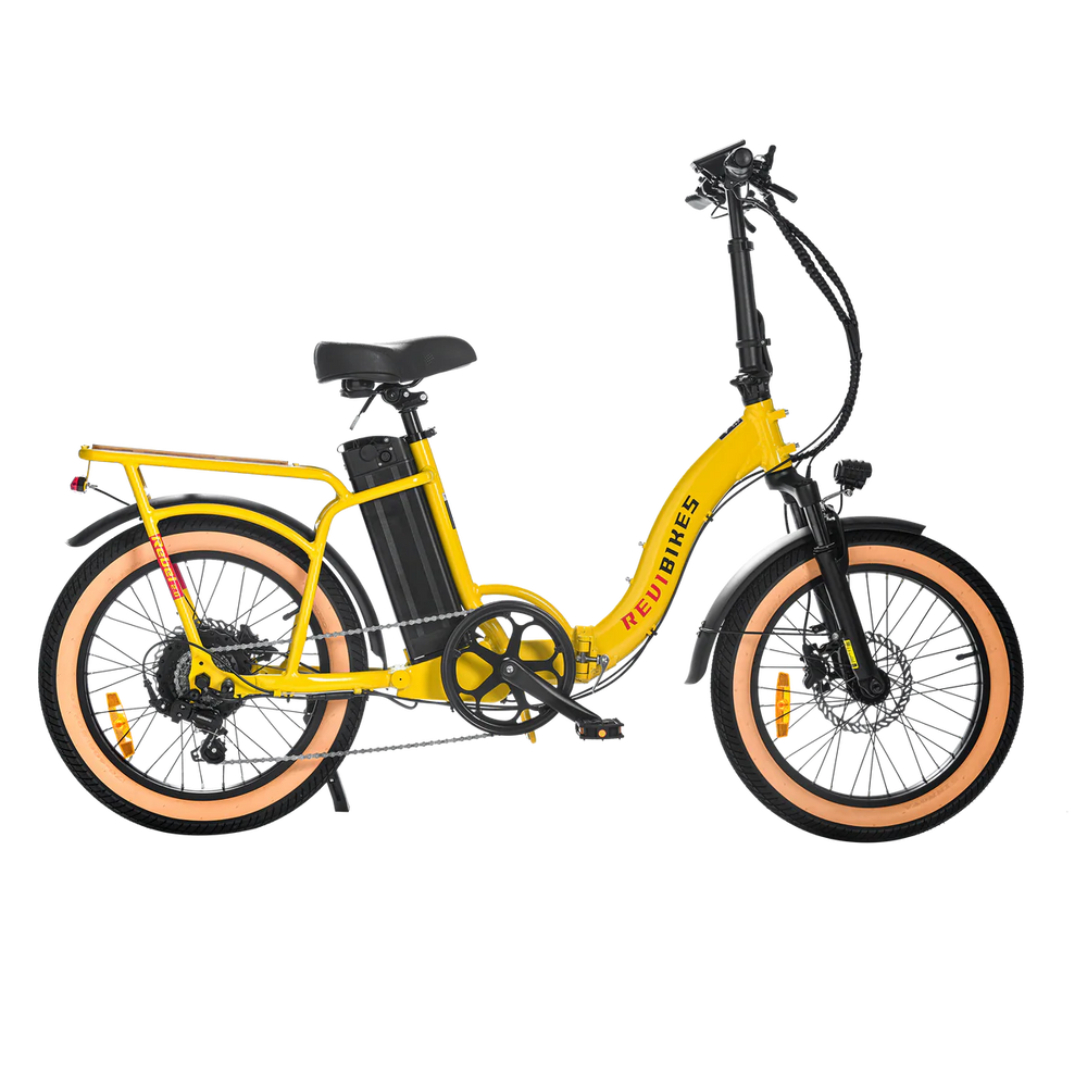 Yellow eBike Revi Rebel.2 electric bicycle side view with black tires and battery pack