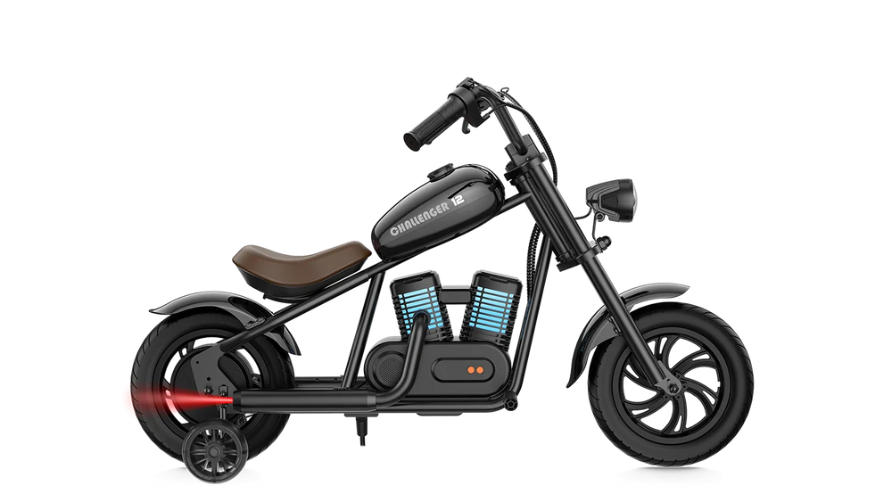 Black eMOTO Hyper Gogo Challenger 12 Plus electric bike with training wheels, side view