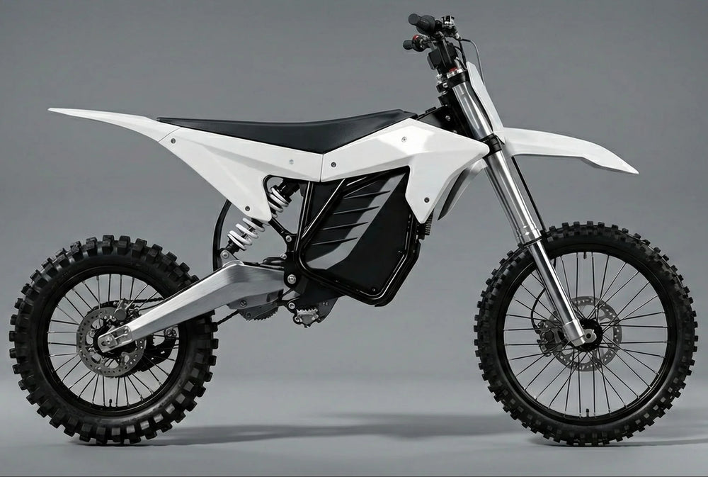 Front view of the eMOTO Electro & Co ETM RTR Alpha electric motorcycle in a studio setting, showcasing its sleek design and modern features.