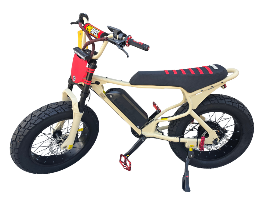 Macfox X7 custom eBike in Baja Red, side view, displayed against a plain background