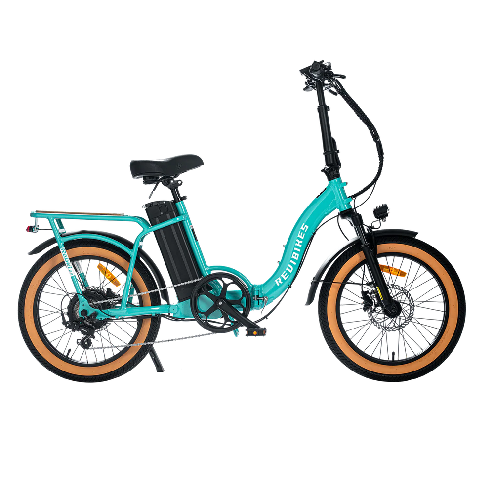 Turquoise eBike Revi Rebel.2 electric bicycle, side view, showcasing frame design and features