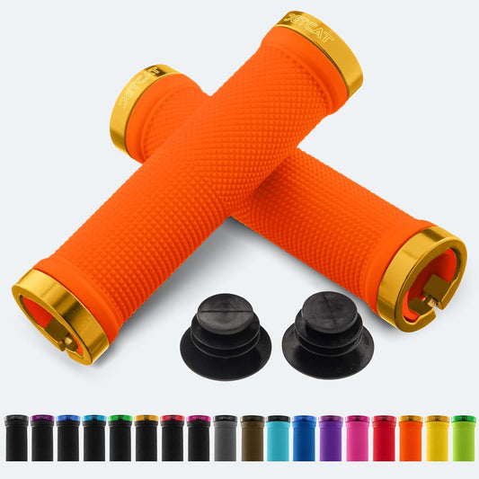 Orange JETCAT eBike grips, textured surface, product image on white background