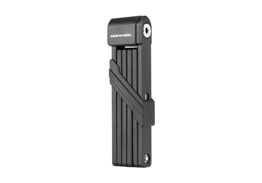 Mokwheel folding eBike lock in black, shown in a compact folded position on a white background.