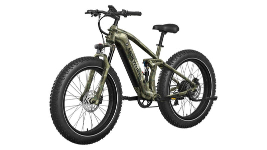 Side view of the MOKWHEEL Obsidian eBike in black, showcasing its sturdy frame, thick tires, and integrated battery on a white background.