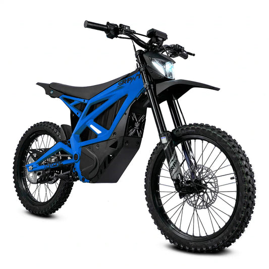 eMOTO Strike SRPNT X3 electric motorcycle in Midnight Blue, side view, studio background