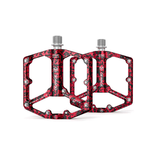 Red camouflage alloy eBike pedals with a textured surface, shown in a product image.