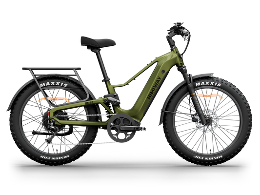 Olive green Himiway D5 2.0 electric bike, side view, showing fat tires, rear rack, and battery integrated into the frame.