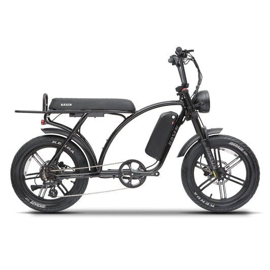 Kasen Kabbit 2.0 Plus eBike in Retro Blue, shown in its box with 15AH and 20AH battery options, black color, product image.