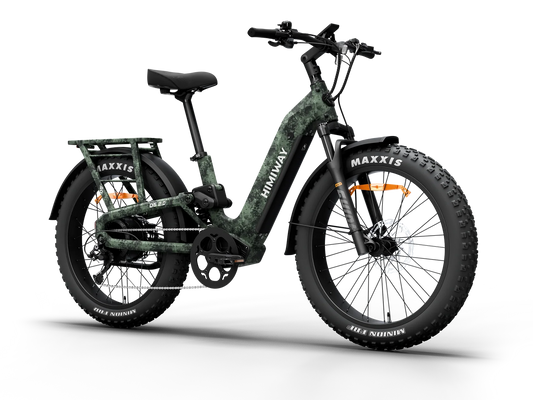 Side view of the Himiway D5 2.0 electric bike in camouflage color, showcasing its fat tires, sturdy frame, and rear cargo rack.