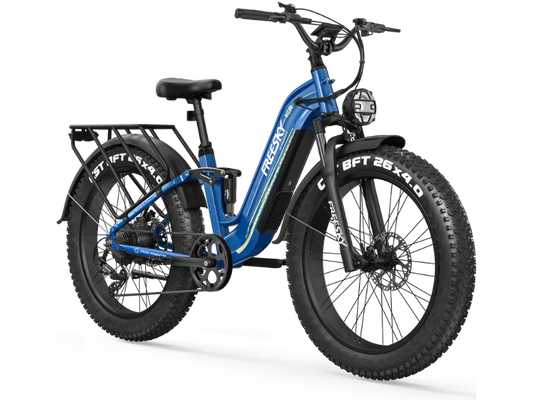 A black Freesky Wild Cat Ultra A-340 electric mountain bike with fat tires, front suspension, and a sturdy frame, displayed on a white background.