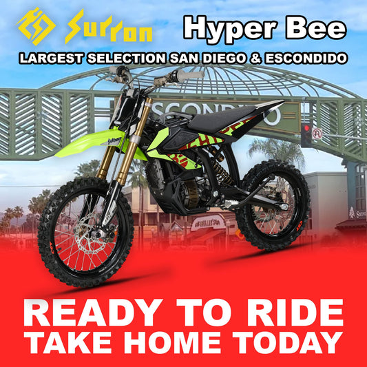 Green eMOTO Surron Hyper Bee electric bike, ready to ride, product image with model number 810206242131