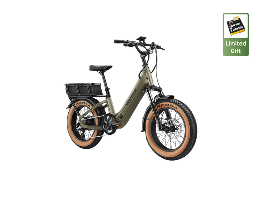 Velotric GoMad eBike in Sage color, side view, showcasing its frame, wheels, and battery.