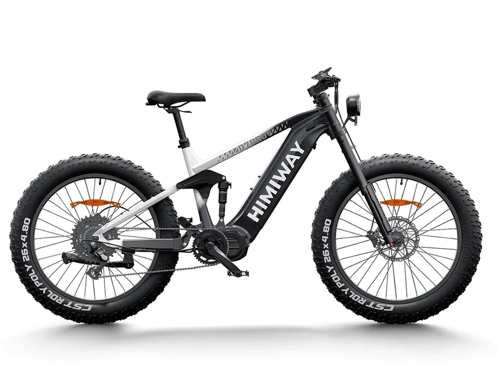 Black and white gradient Himiway D7 eBike side view showcasing frame, wheels, and battery