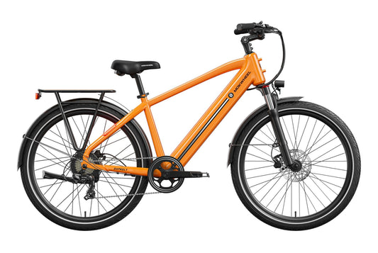 Orange MOKWHEEL Asphalt 2.0 electric bike, side view, showcasing frame design and components