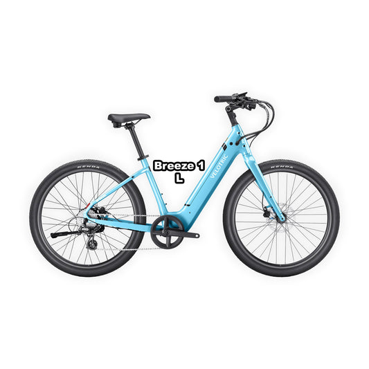 Velotric Breeze 1 eBike in Ocean Mist color, large frame, shown in box, product image, UPC 850060178757