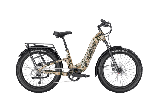 Velotric Nomad 2X Step-Thru eBike in multi-terrain camo color, side view, displayed on a white background