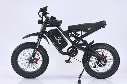 A black Ghostcat F4X Hunter eBike displayed in a dramatic blackout setting, highlighting its rugged frame and off-road tires.