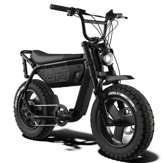Super73 MZFT SE eBike in Blackout color, shown inside its original packaging box with protective materials.