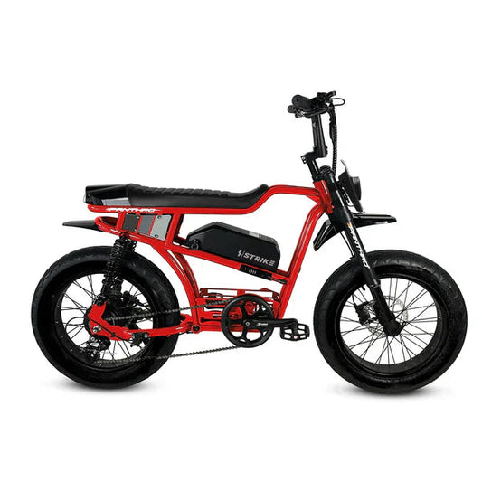 Red eMOTO eBike Strike Panthro side view, showcasing sleek frame design and black wheels against a white background.