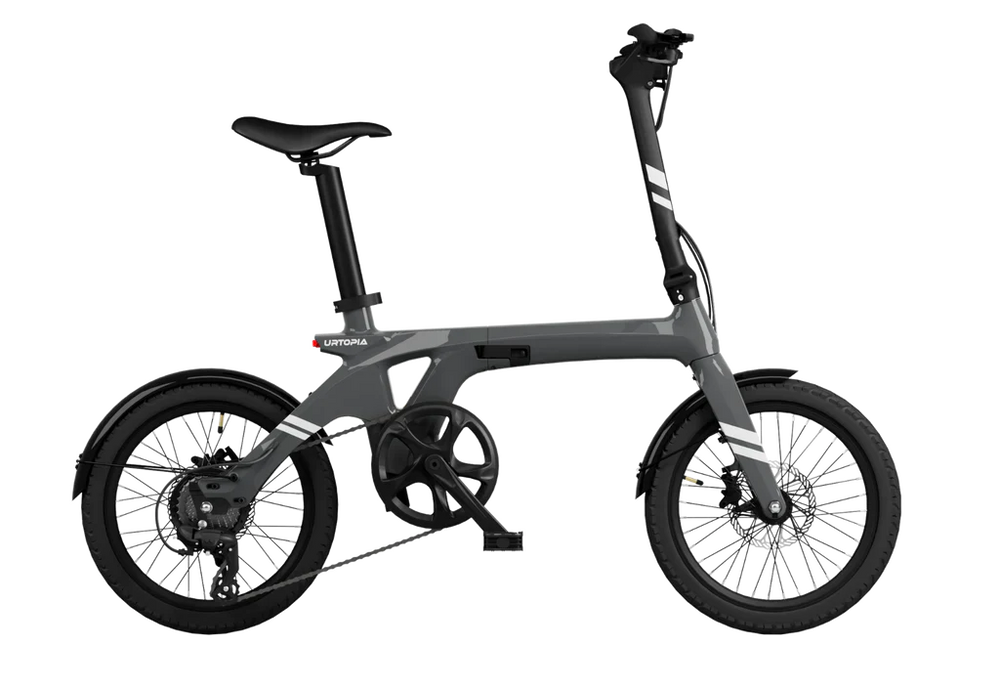 Urtopia Carbon Fold 1 eBike in charcoal gray, side view, folded position, against a plain background
