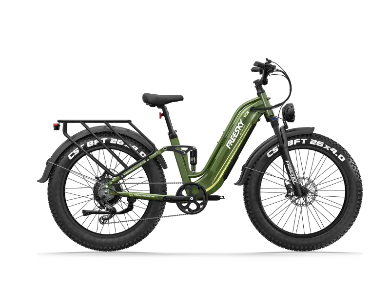 Green Freesky Wild Cat Ultra A-340 eBike, side view, showcasing frame design and tires