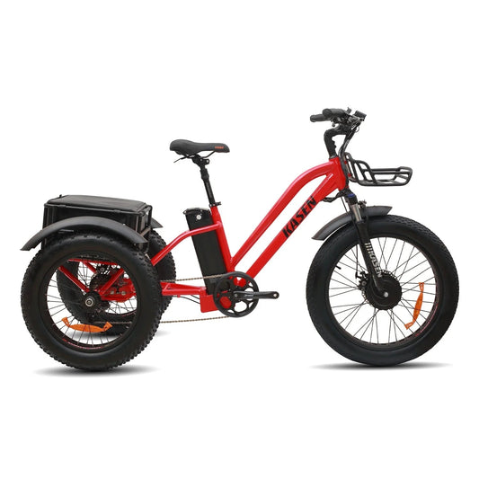 Red Kasen eBike Trike, ready to ride, shown in product image with 14.5AH and 17.5AH battery options, model R2R.