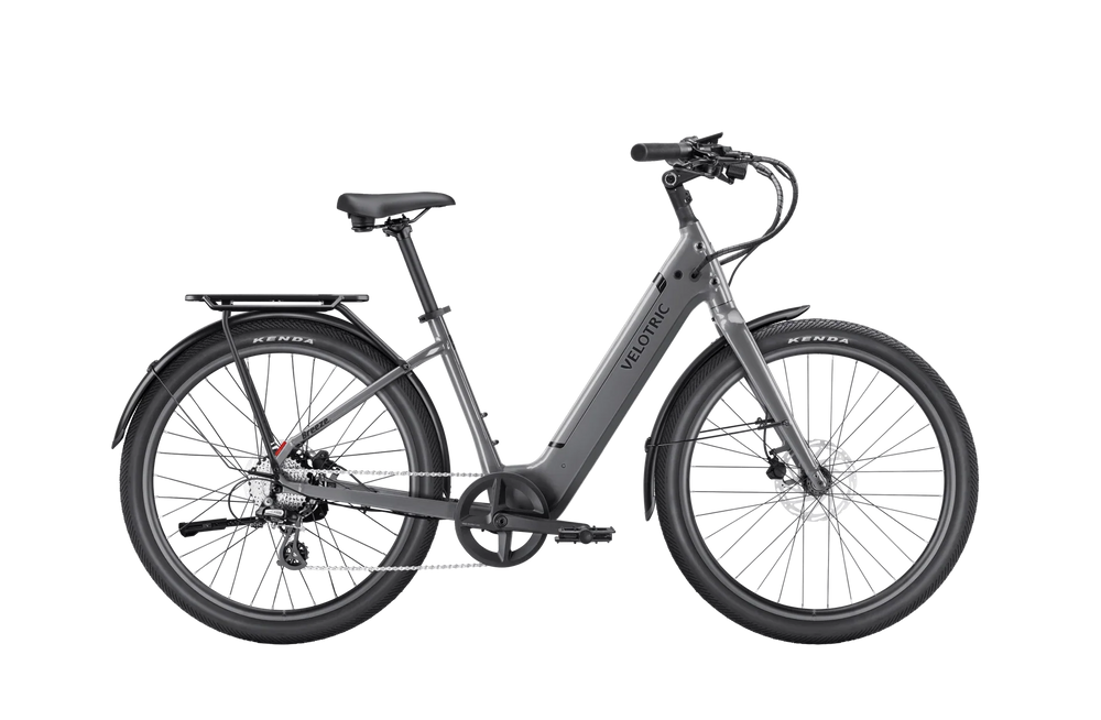 Slate gray Velotric Breeze 1 eBike, regular large size, side view on a white background