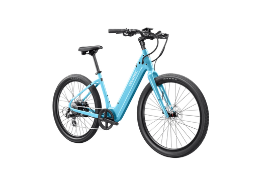 Side view of the Velotric Breeze 1 eBike in a studio setting, showcasing its step-through frame, rear cargo rack, and front suspension fork.