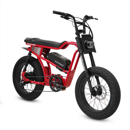Red eBike Strike Panthro electric bicycle, side view, against a white background.