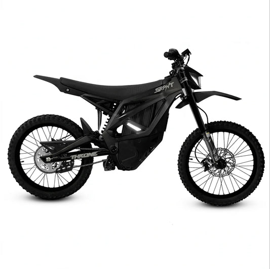 Black eMOTO Strike SRPNT X3 electric motorcycle, side view, on a plain background