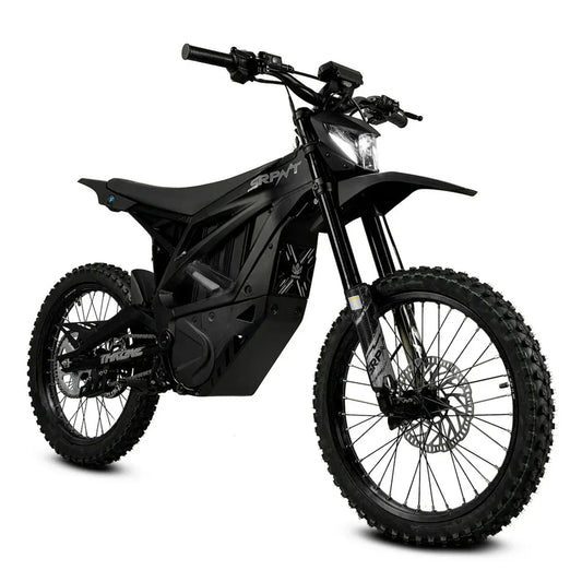 Black eMOTO Strike SRPNT X3 electric motorcycle, side view, on a plain background