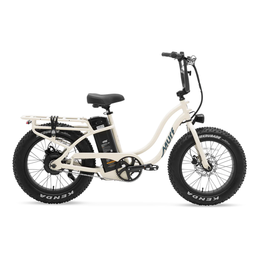 Side view of a Murf Higgs ST eBike in Bone color, showcasing its step-through frame, wide tires, and minimalist design against a plain background.