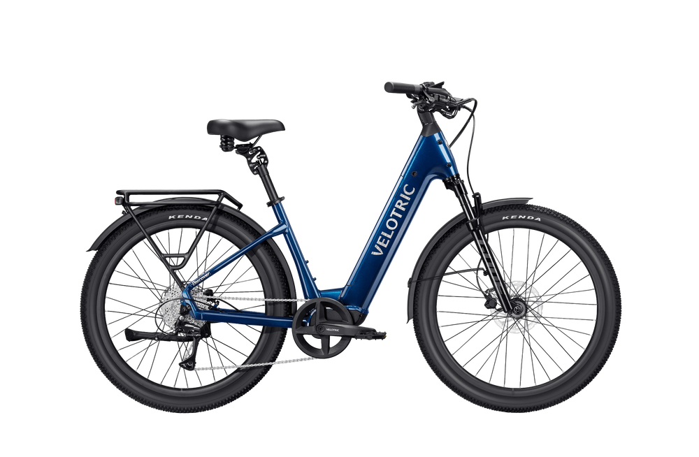 Velotric Discover 3 electric bike in Lemans Blue, side view, against a white background
