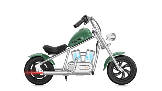 Green eMOTO Hyper Gogo Cruiser 12 Plus electric bike with app connectivity, side view, displayed on a white background